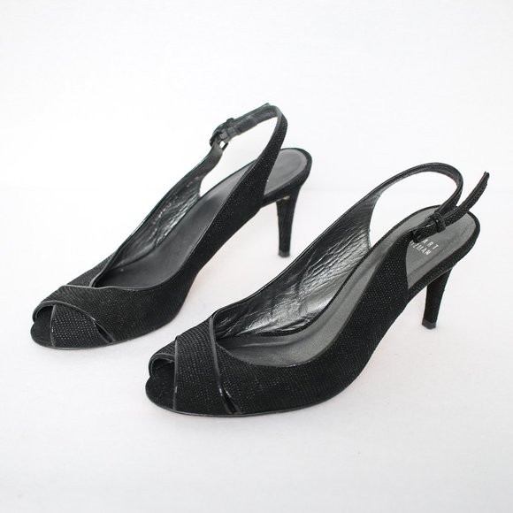 Stuart Weitzman Black Sparkly Open Toe Slingback Heels Sz 8.5 W - Picture 2 of 6